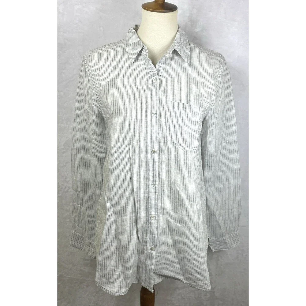 Eileen Fisher 100% Linen Button Front Blouse Striped Multicolor Size XS - Picture 1 of 9